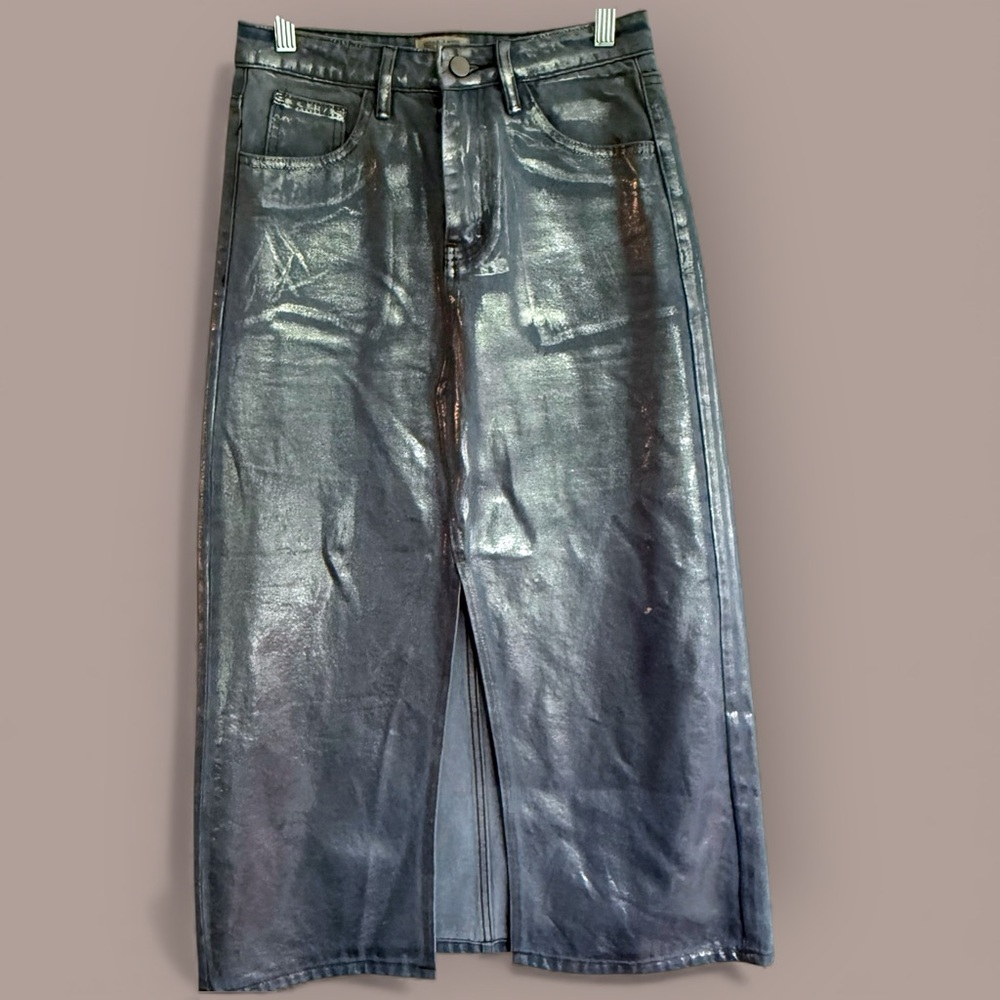 Miss Love Metallic Silver Coated Denim Maxi Skirt Y2K Grunge Slit Size S